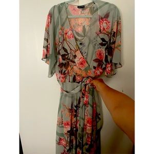 Green slip with sheer print wrap dress